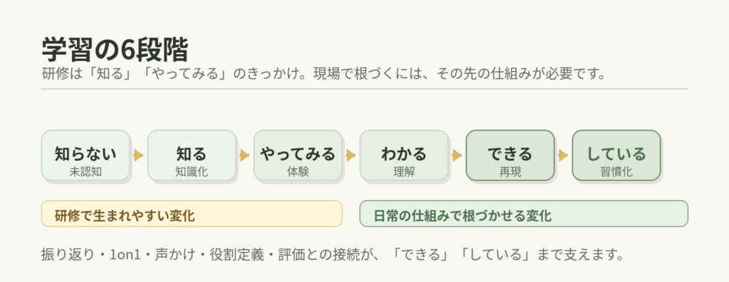 学習の6段階を示した図。知る、やってみる、わかる、できる、しているまでの流れを表している。